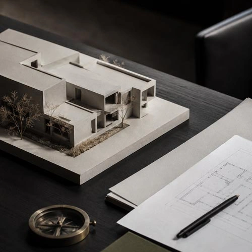Reduziertes Architekturmodell und strategisch angeordnete Unterlagen visualisieren Immobilien als planbaren Baustein des Vermögensaufbaus. Immobilie als kapitalanlage.